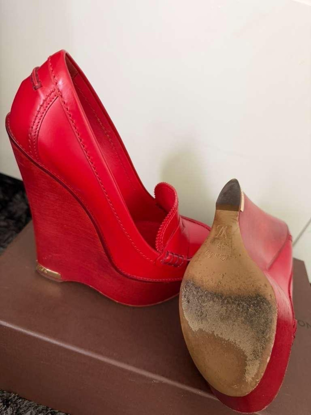 Louis Vuitton Bright Red Leather Wedge Loafer Platform Pumps